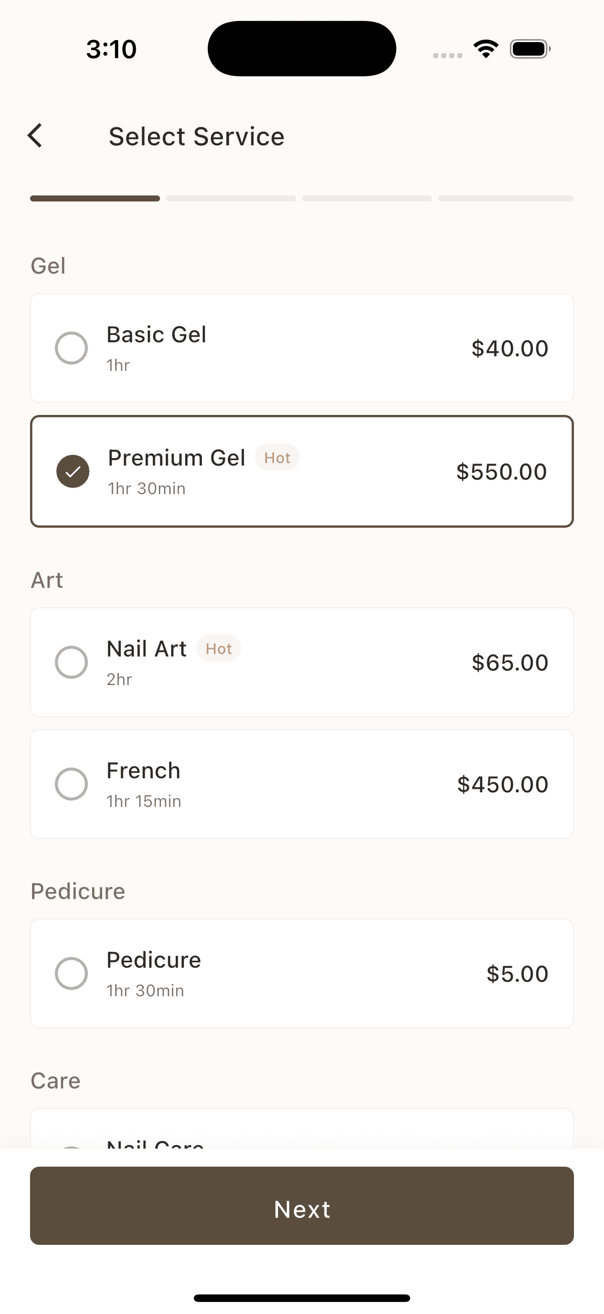Nail Atelier service detail and selection