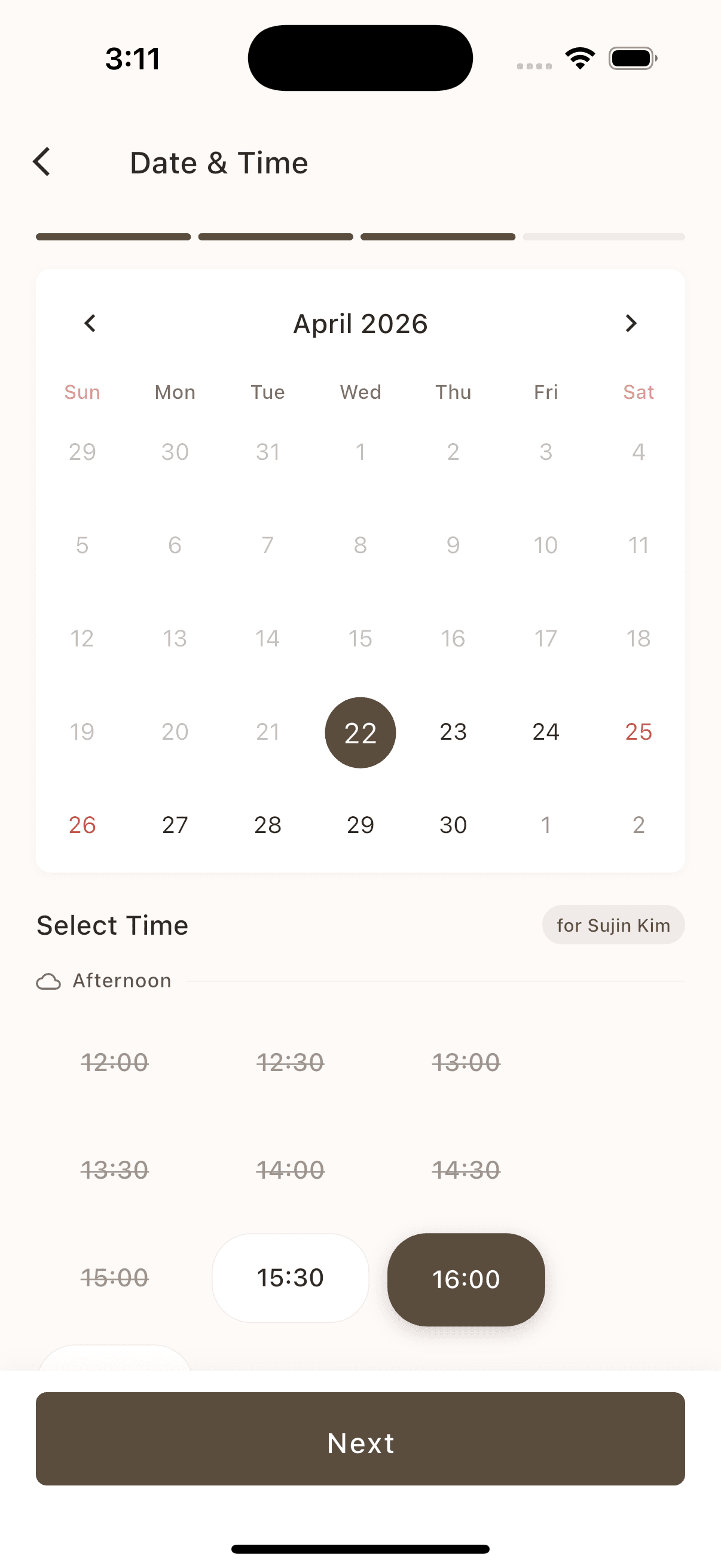 Nail Atelier date and time selection screen