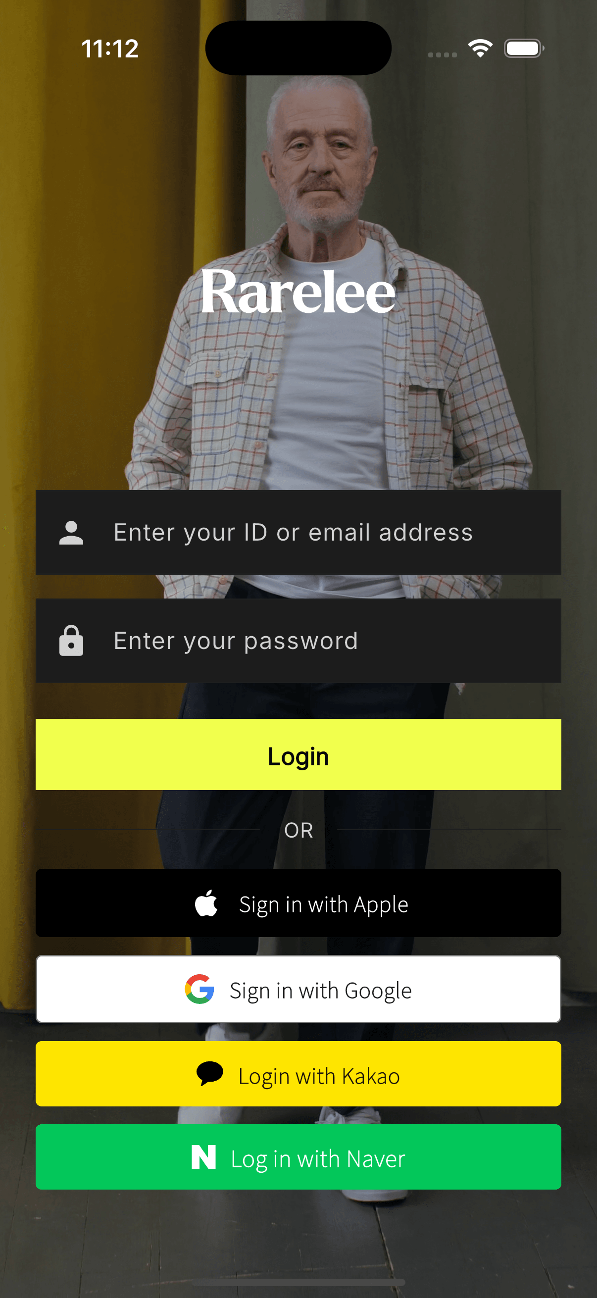 Rarelee login screen with social sign-in options